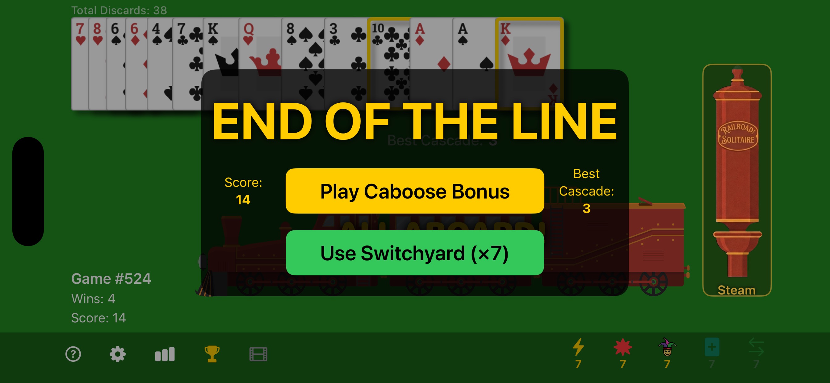 Railroad! Solitaire — end of game screen