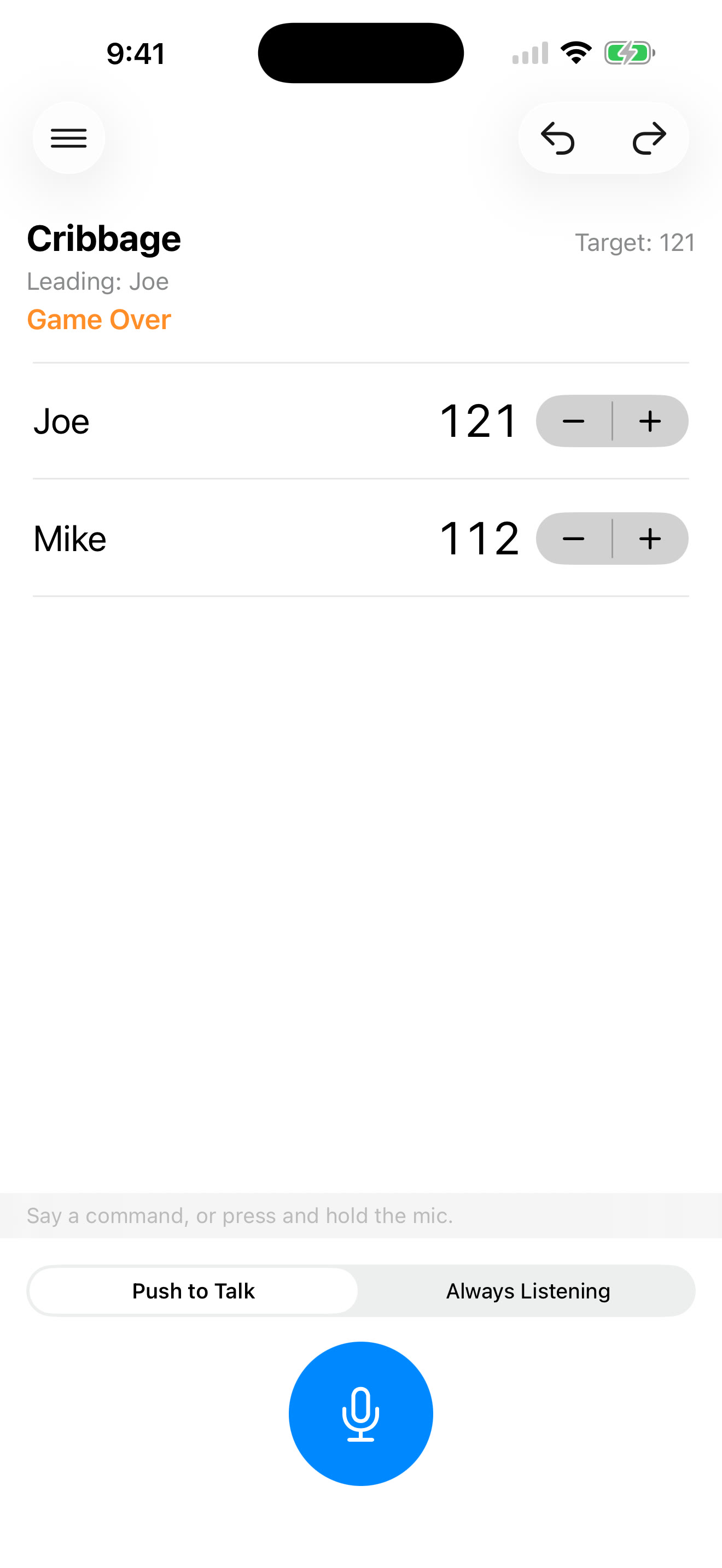 A finished cribbage game — the target score ended it automatically