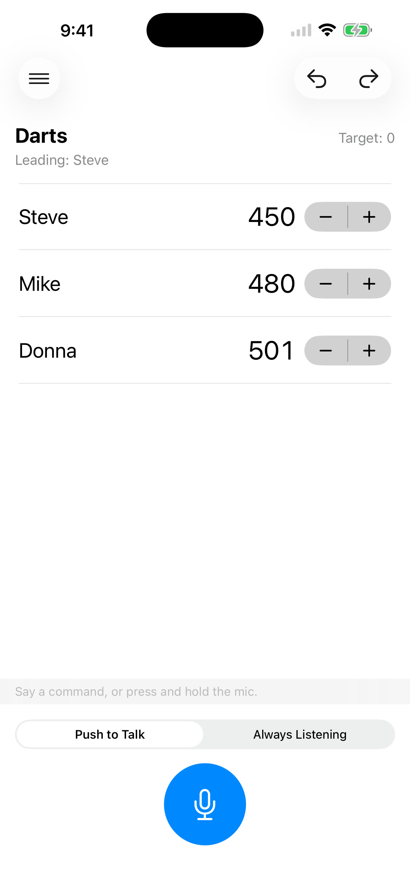 A darts game counting down to zero — Low Score Wins mode