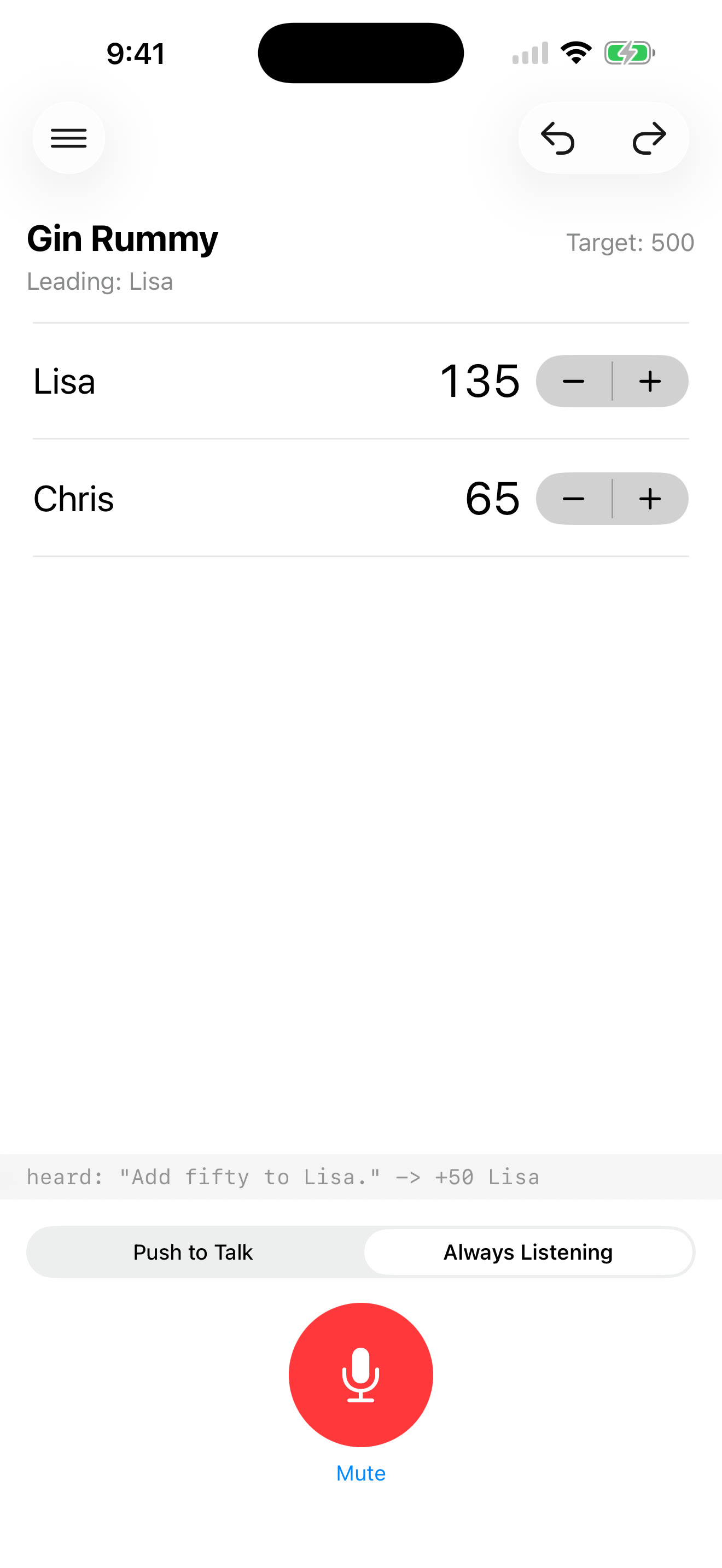 A gin rummy game in always-listening mode, showing the command SayPoint just heard