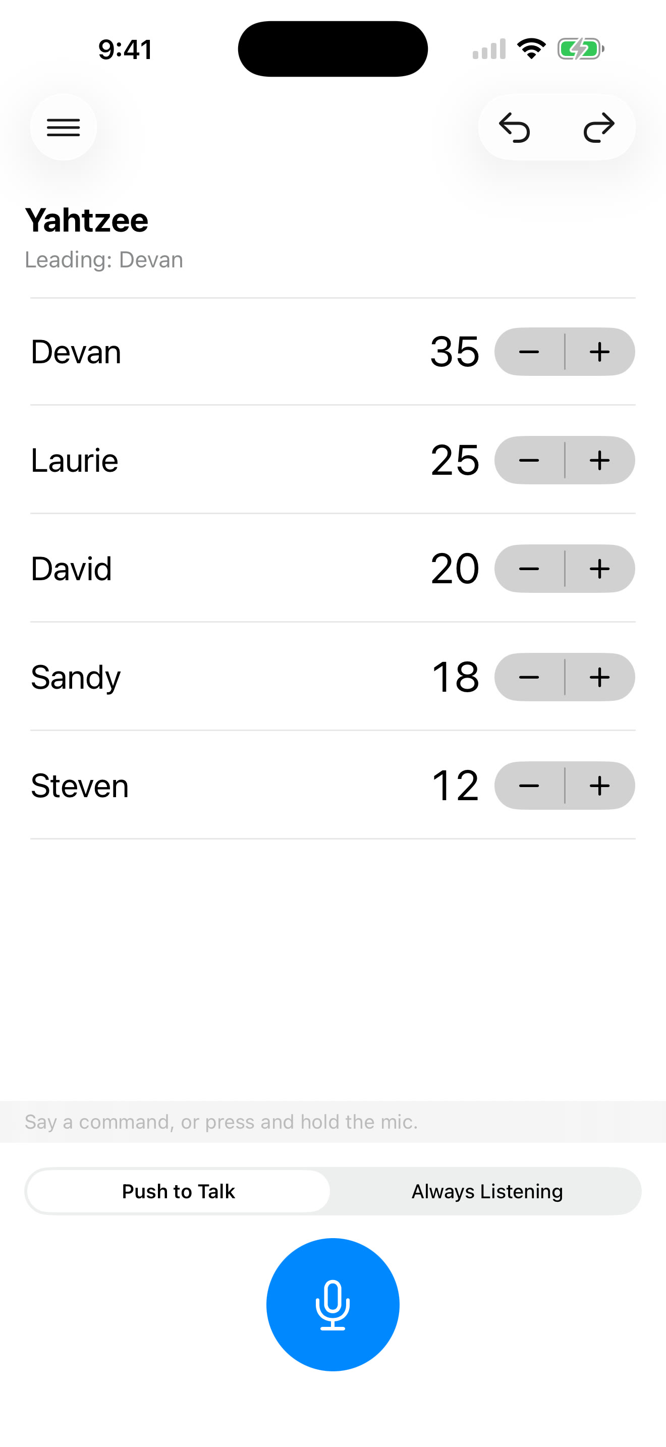 A five-player Yahtzee game with every score on one board